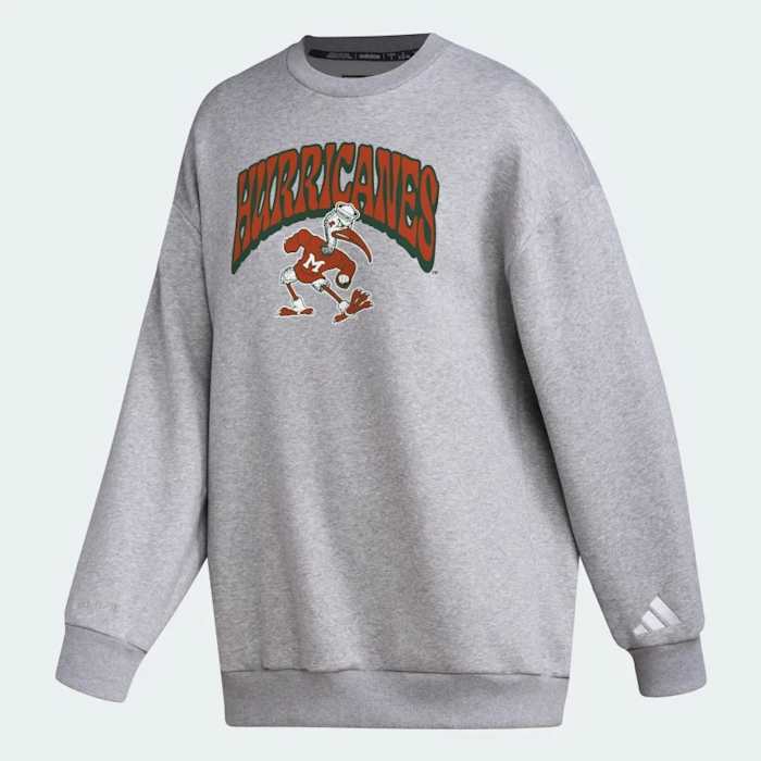 Front view of a grey Miami Hurricanes adidas sweatshirt.